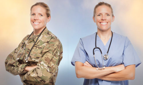 A veteran military man in camouflage on the left and in regular civilian clothing on the right.